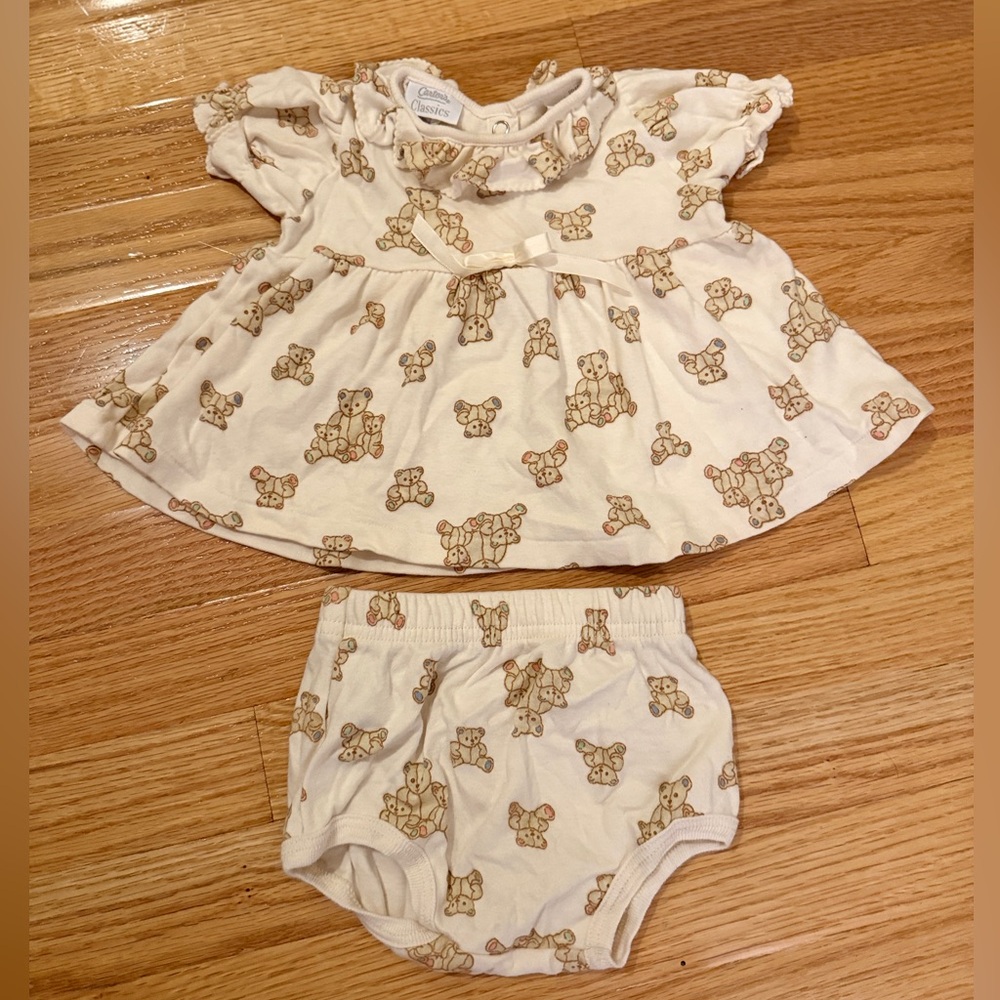 Vintage 1990s Carter's Baby Girls Two Peice Summer Outfit, Cream With Teddy Bear